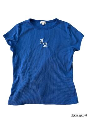 LA Embroidered Ribbed Short Sleeve Tee - Blue